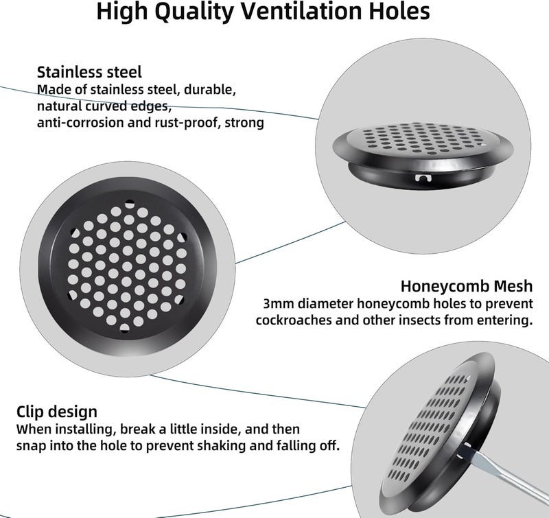 YEUIKERR 50 Pcs Round Soffit Vents 2 inch/53 mm Circular Air Vents Stainless Steel Circular Soffit Vents Mesh Hole Louver for Wardrobe Cabinet Shoe Cabinets Kitchen (Black) - Image 3